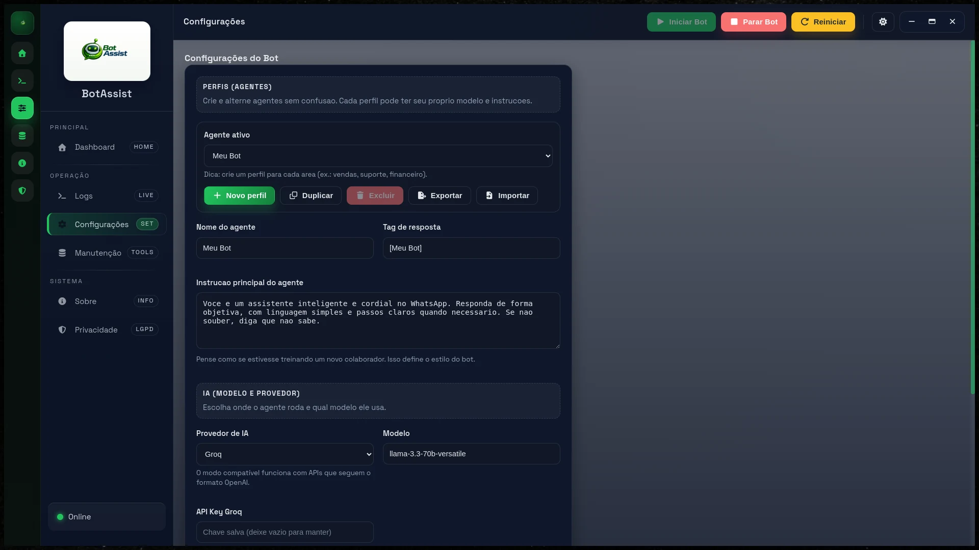Configurações do BotAssist